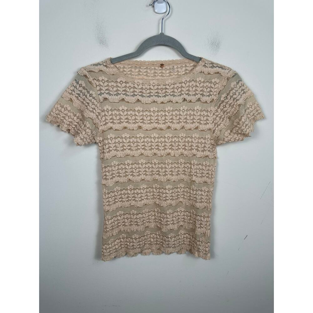 Free People Lace Baby Tee Women S Cream Beige EUC Boho Tiered Short Sleeve Top